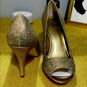 Gold with rhinestones peep toe heels